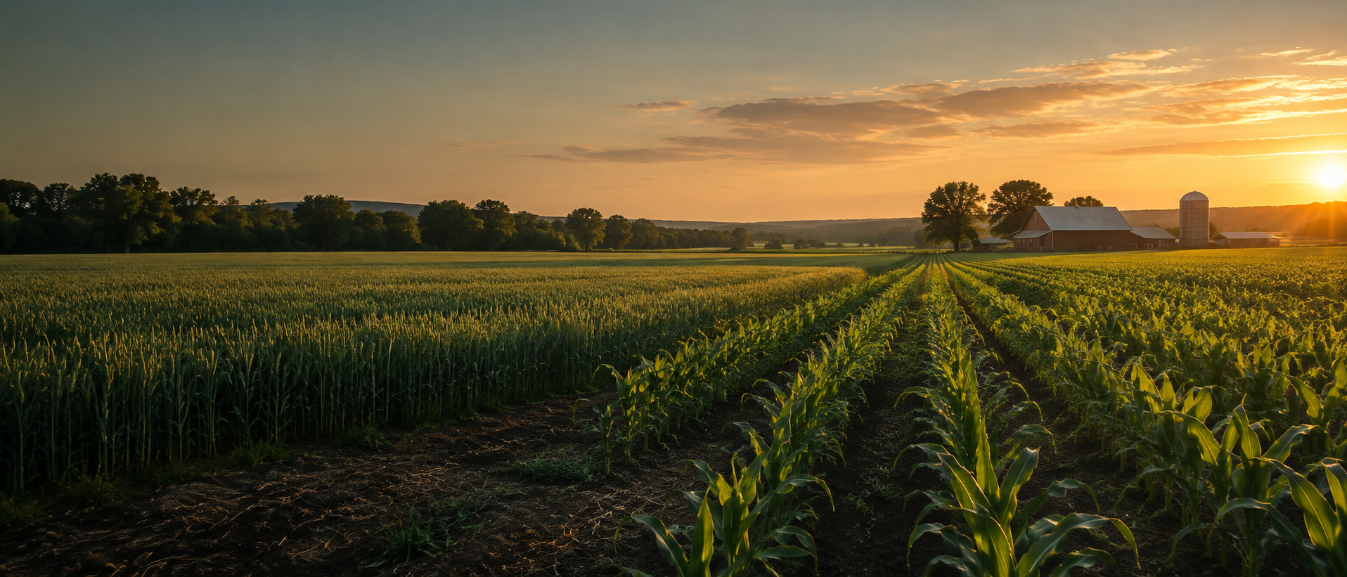 Illustrative cultivated field and barn at sunset